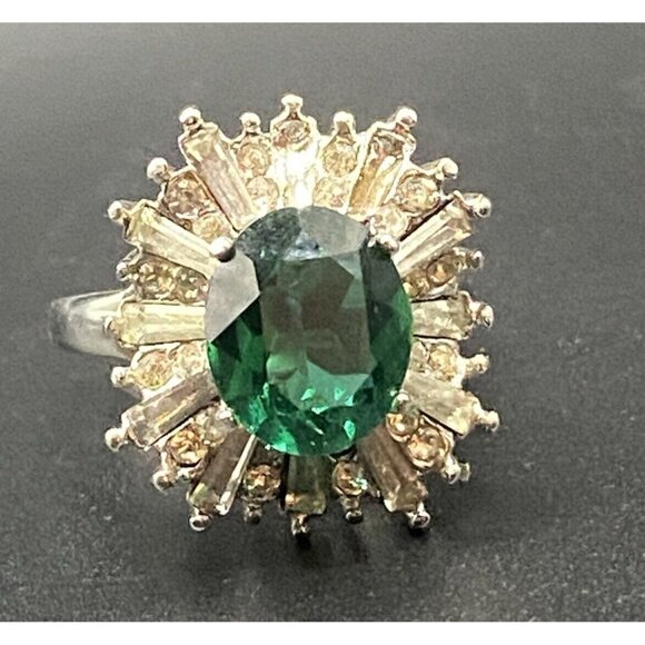 Lab Emerald Ring Caged 18K HGE White Gold Plate Starburst CZ Sz 10 May Bday - Picture 5 of 6